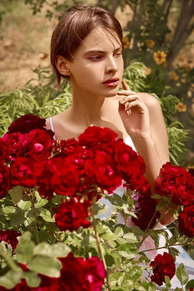 春に赤いバラの花を咲かせる美しい女の子 バラのブッシュは開花している — ストック写真