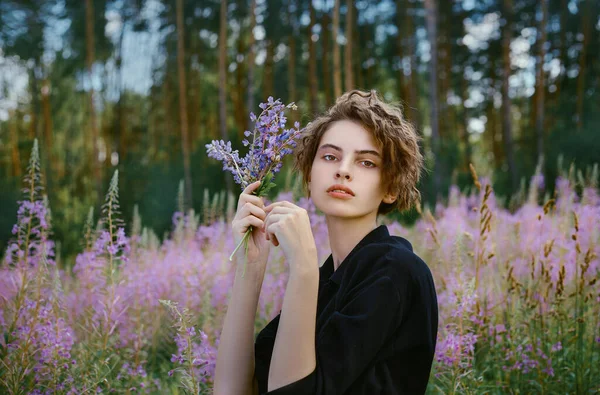 Young Young Girl Bouquet Lupines Her Hand Background Blooming Ivan — Stock Photo, Image