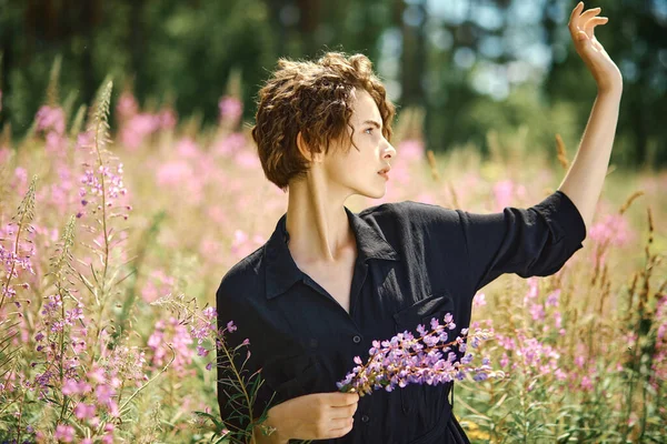 Young Beautiful Girl Stands Blooming Field Ivan Tea Holds Bouquet — Stock Photo, Image