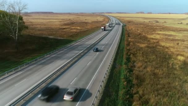 Camion e auto guidano lungo l'autostrada. Vista dall'alto sull'autostrada in una giornata di sole. Le auto guidano su una strada asfaltata. Autobahn. Veduta aerea di un'autostrada che attraversa un campo. — Video Stock