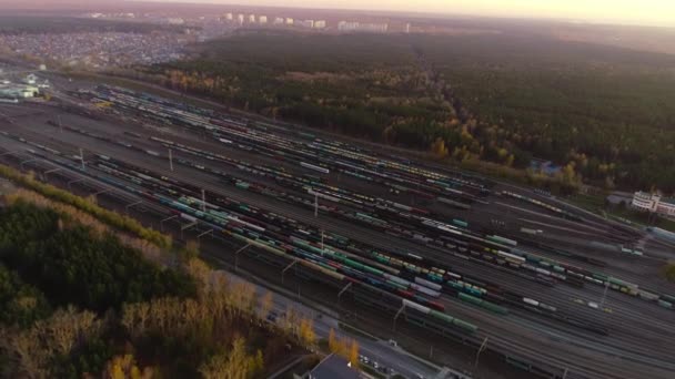 Många olika baroner, tåg. Ovanifrån. Insegling till järnvägsorteringsstationen. Panoramautsikt över det stora transportnavet på rangerbangården. Mycket vacker utsikt över solnedgången. — Stockvideo