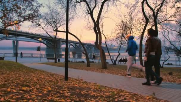 연인 두 명이 저녁에 강둑을 따라 걸어 대도시의 아름다운 불빛을 배경으로 걷고 있습니다. 행복 한 커플이 포옹하고 대화하고. 달리기 선수가 근처에서 달리고 있습니다. 사람들이 쉬고 있어 — 비디오