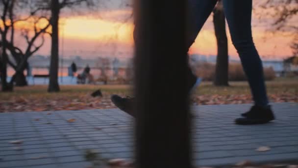 Um jovem casal está caminhando no parque de outono contra o pano de fundo de um belo pôr do sol. Pernas de duas pessoas românticas andando ao longo do dique contra o fundo de pessoas que têm um descanso. Feliz. — Vídeo de Stock