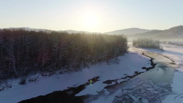 Uitzicht vanuit de lucht: Vlucht over de winterrivier en het bos. Met sneeuw bedekte bomen. Prachtige zonsopgang. Dorp aan de rivier. Winterlandschap, natuur, zonnestralen. Reistijd. Rivier in ijs — Stockvideo
