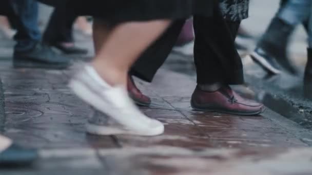 A crowd of pedestrians starts to cross the road on wet asphalt after rain. Crowded crosswalk during rush hour. City life. Anonymous crowd of people. Slow motion — Stock Video