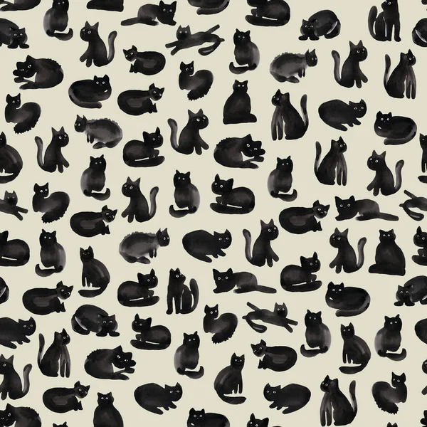Watercolor Seamless Pattern Black Cats — Stock Photo, Image