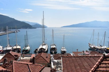Limanda evleri ve yatları olan deniz manzarası.