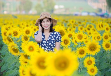 Asyalı kadın ayçiçeği alanında poz