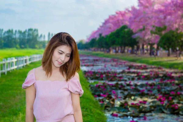 Joven Mujer Asiática Caminando Jardín Con Árboles Sakura Flor —  Fotos de Stock