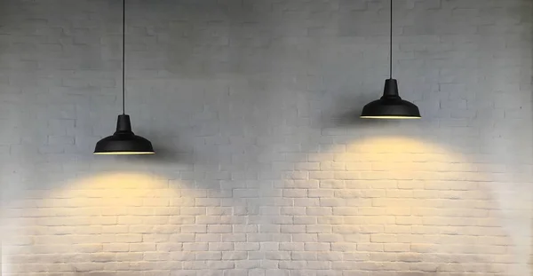 Black Fixture Lamp Hanging Ceiling Have White Bricks Wall Background — Stock Photo, Image