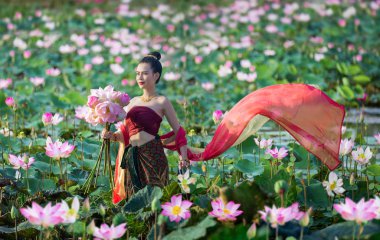 Portrait beautiful woman in Thai tradition costume at the pink lotus blossom field.  clipart