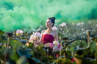 Pembe nilüfer çiçeği tarlasında Tayland geleneği kostümlü güzel bir kadın portresi.. 