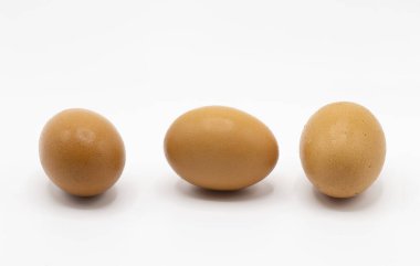 Beyaz arka planda üç kahverengi tavuk yumurtası..