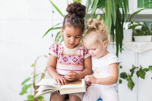 Two little girls read a book on the background of plants in pots
