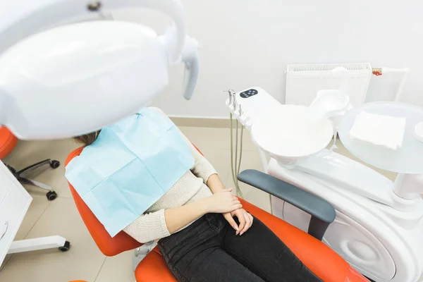 Dental Clinic Reception Examination Patient Teeth Care Dentist Curing Girl — Stock Photo, Image