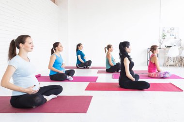 gebelik, spor, fitness, insanlar ve sağlıklı yaşam konsepti - grup mutlu hamile kadınların yoga egzersiz ve meditasyon lotus beyaz arka plan spor salonunda poz