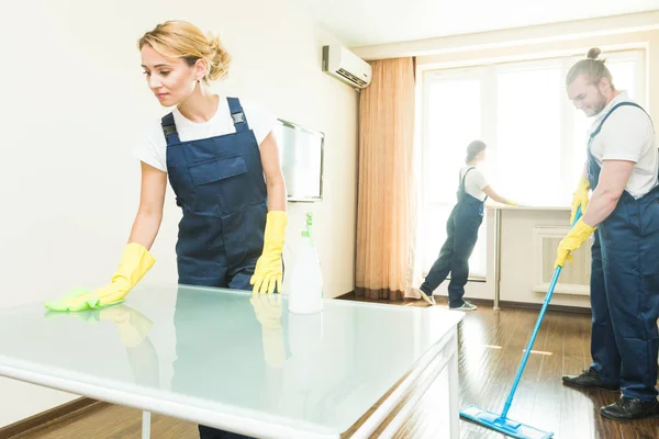 İş sırasında profesyonel ekipmanlarla temizlik hizmeti. Profesyonel mutfak temizliği, kanepe kuru temizleme, pencere ve yer silme. Erkek ve kadın üniformalı, tulumlu ve lastik eldivenli. — Stok fotoğraf