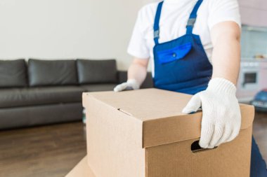 Bir daire için hareket etmek için karton kutular yükleme teslimatçı. ulaşım, Tulum içinde erkek yükleyici profesyonel çalışan