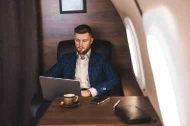 Onun özel jet bir sandalyede otururken bir laptop üzerinde çalışan çekici ve başarılı işadamı.