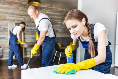 İş sırasında profesyonel ekipmanlarla temizlik hizmeti. Profesyonel mutfak temizliği, kanepe kuru temizleme, pencere ve yer silme. Erkek ve kadın üniformalı, tulumlu ve lastik eldivenli.