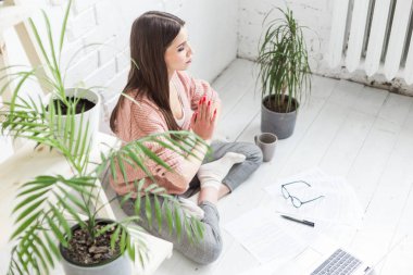 Genç, mutlu bir kadın yoga pozunda, parlak bir dairede oturuyor ve dizüstü bilgisayarın arkasında çalışıyor. Serbest çalışan bir kız çalışırken meditasyon yapıyor. Stres giderici