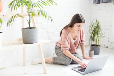 Genç ve mutlu bir kadın parlak bir apartman dairesinde ya da ofis içinde yerde oturuyor ve bir dizüstü bilgisayarda çalışıyor, iş yerinde serbest çalışan bir kız, uzaktan öğrenme öğrencileri, evrak işleri ve çevrimiçi öğrenim kavramı