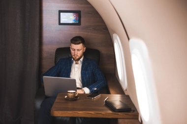 Onun özel jet bir sandalyede otururken bir laptop üzerinde çalışan çekici ve başarılı işadamı.