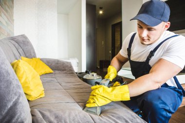 İş sırasında profesyonel ekipmanlarla temizlik hizmeti. Profesyonel mutfak temizliği, kanepe kuru temizleme, pencere ve yer silme. Erkek ve kadın üniformalı, tulumlu ve lastik eldivenli.