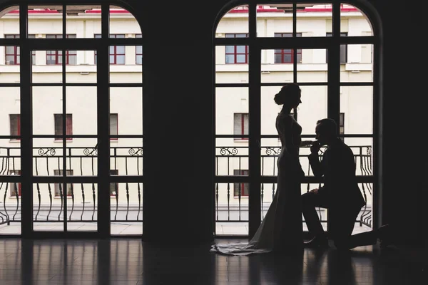 Silhouettes of a man in a suit and women in a dress and with a bouquet of flowers. The man knelt down in front of his lover, took her hand and kissed her near a large panoramic stained glass window.