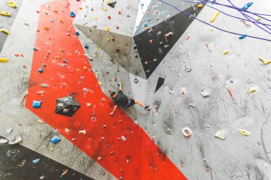 Sporcu tırmanışçı dik kayalara tırmanıyor, kapalı alandaki yapay duvara tırmanıyor. Ekstrem spor ve kaya konsepti