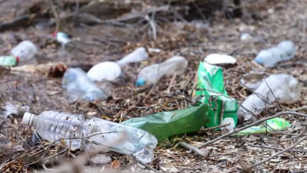 Много пластиковой бутылки на озере воды. загрязнение окружающей среды, микропластик — стоковое видео