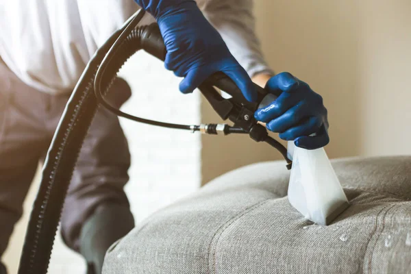 Man cleaning sofa chemical cleaning with professionally extraction method. Upholstered furniture. Early spring cleaning or regular clean up.