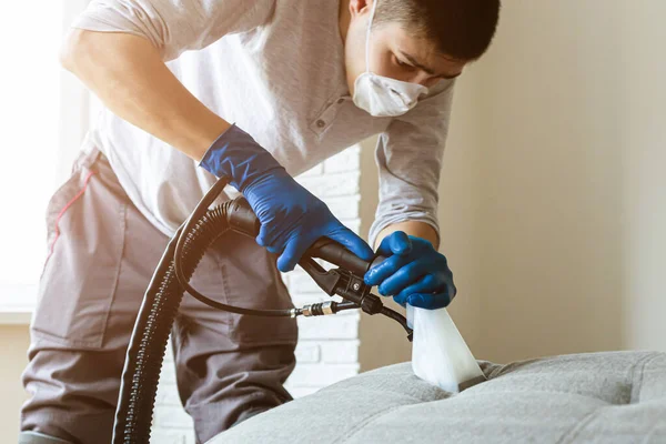 Chemische reiniging van de bank met professionele extractiemethode. Opgepoetste meubels. Vroege voorjaarsschoonmaak of regelmatige schoonmaak. — Stockfoto