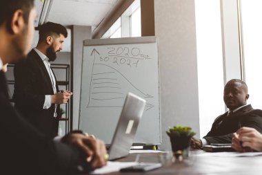 Takım elbiseli genç iş adamlarından oluşan bir ekip ofiste birlikte çalışıyor ve iletişim kuruyor. Şirket buharı ve bir toplantıda yönetici..