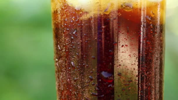 Close-up of a glass with a refreshing cold drink with pieces of ice and bubbling liquid on a blurry summer foliage background — Stok Video