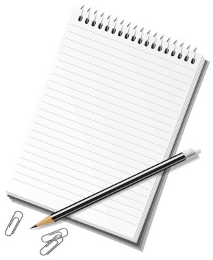 Saf açık defter, kalem ve ataş