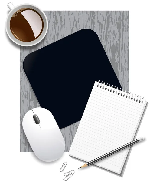 Clean Open Notepad Pencil Mouse Pad Cup Paper Clips — Stock Photo, Image