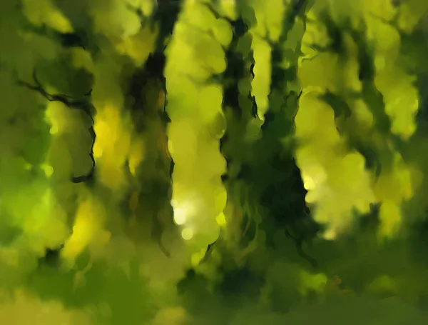 Illustration of abstract fairytale forest in green tones