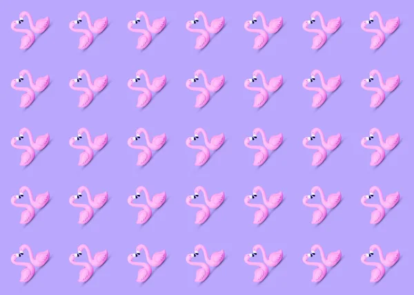 时尚的夏季无缝图案 由一对可爱的粉色玩具火烈鸟夫妇在紫色背景下游泳 流行的鸟类象征夏天 放松和凉爽的夏季氛围概念 — 图库照片