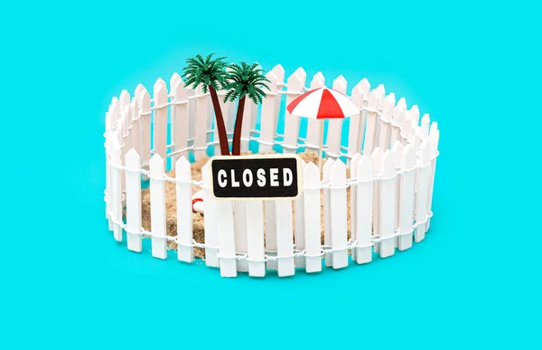 Fenced Miniature Toy Island Palm Trees Sun Umbrella Sign Saying — Stock Photo, Image