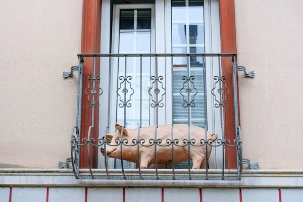 Hattingen, Almanya - 14 Haziran 2025: Domuz heykeli Hattingen 'deki tarafsız bir duvar zeminine karşı dekoratif bir balkon korkuluğunda dinleniyor..
