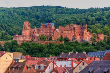 Heidelberg Şatosu 'nun panoramik manzarası, yemyeşil ve karanlık gökyüzünün altındaki antika çatılarla çevrili bir yamaçta, tarihi mimariyi ön plana çıkarıyor..