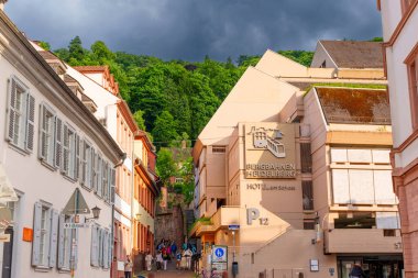 Heidelberg, Almanya - 8 Haziran 2025: Tarihi binalar ve dramatik bulutlu bir gökyüzü altında yeşil tepelerle çevrili Hotel Lan Schlos 'un yer aldığı manzara.