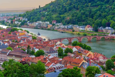 Heidelberg, Almanya - 8 Haziran 2025: Heidelberg 'in tarihi Eski Kasabası' nın panoramik manzarası, Neckar Nehri boyunca uzanan renkli binalar, yemyeşil tepelerle çevrili, yumuşak bir günbatımı parıltısı sırasında çekilmiştir..