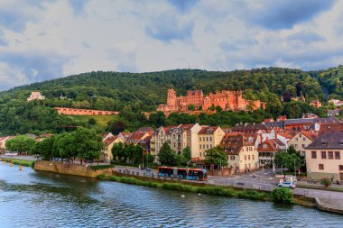 Heidelberg, Almanya - 8 Haziran 2025: Heidelberg 'in Neckar Nehri' ni, tarihi binaları ve bulutlu bir gökyüzünün altındaki ikonik kaleyi gösteren panoramik manzara.