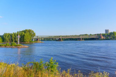 Rhein Nehri, bir yaya köprüsü ve Mainz 'deki açık mavi gökyüzü altında yemyeşil bir yer..