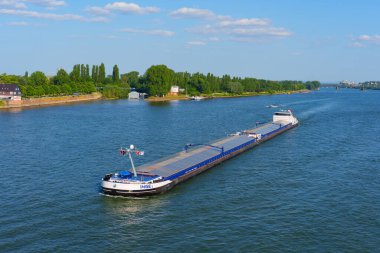 Mainz, Almanya - 19 Haziran 2025: Ren Nehri boyunca seyahat eden mavna, açık mavi gökyüzü altında her iki kıyıda da canlı yeşillik yer alır..