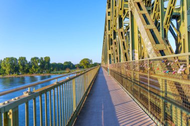 Mainz, Almanya - 19 Haziran 2025: Mainz 'deki Ren Nehri üzerindeki köprü boyunca uzanan yol manzarası, nehir kenarlarında sağlam demiryolları ve yemyeşil alanlar, güpegündüz yakalandılar..