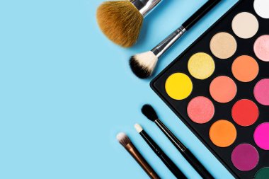 Parlak renkli sarı, kırmızı, pembe, turuncu göz farı ve altı makyaj fırçaları pastel mavi arka plan ile stüdyo ışık yukarıdan ateş köşesinde düzenlenen çeşitli türde siyah plastik palet