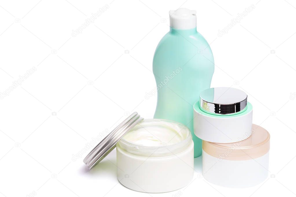 Skin care products on white background